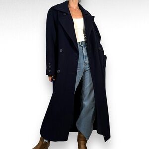 Vintage London Fog Wool Trench Coat Navy Blue Belted Maxi Length Size Medium